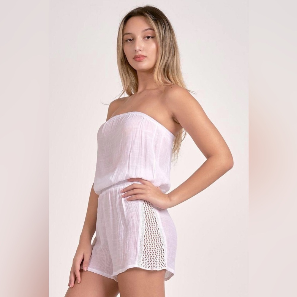 White Strapless Romper with crochet on the side